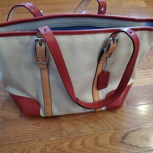 Coach Leather Shoulder Purse, Cream and Red